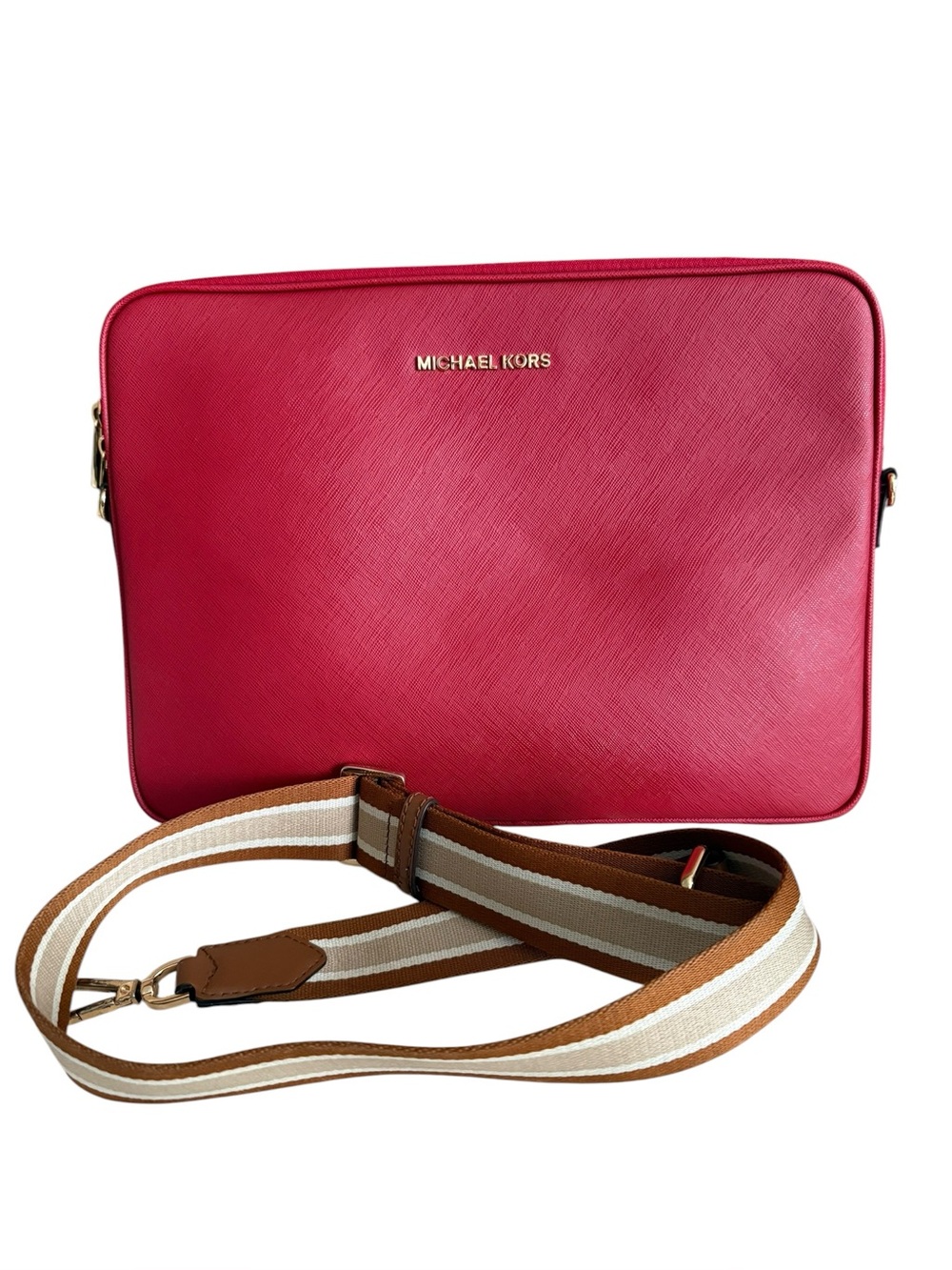Michael Kors red Saffiano Crossbody laptop case with guitar strap